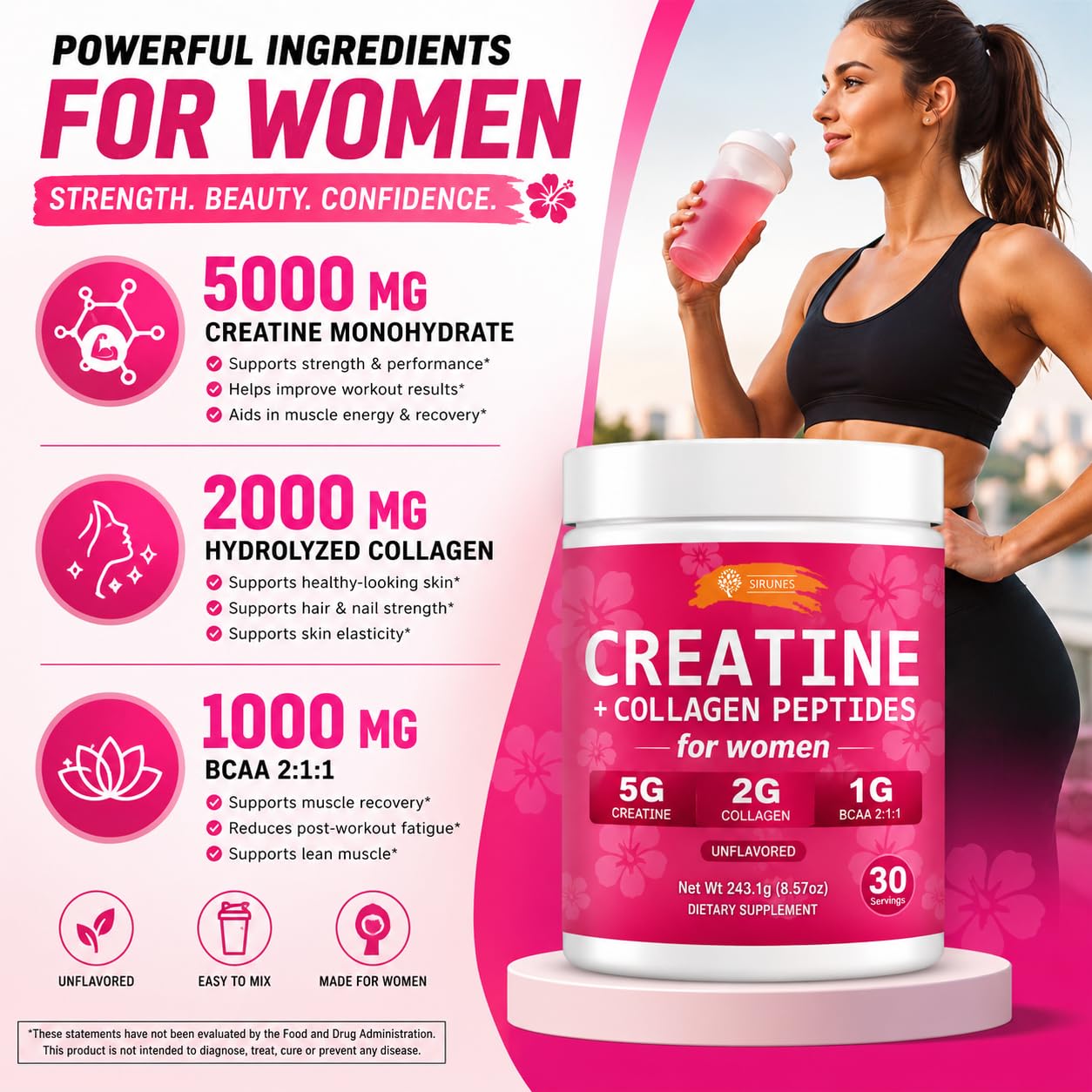 SIRUNES Creatine and Collagen for Women – 5g Creatine Monohydrate, 2g Collagen Peptides, 1g BCAA 2:1:1 – Beauty and Strength Powder, Unflavored, 100