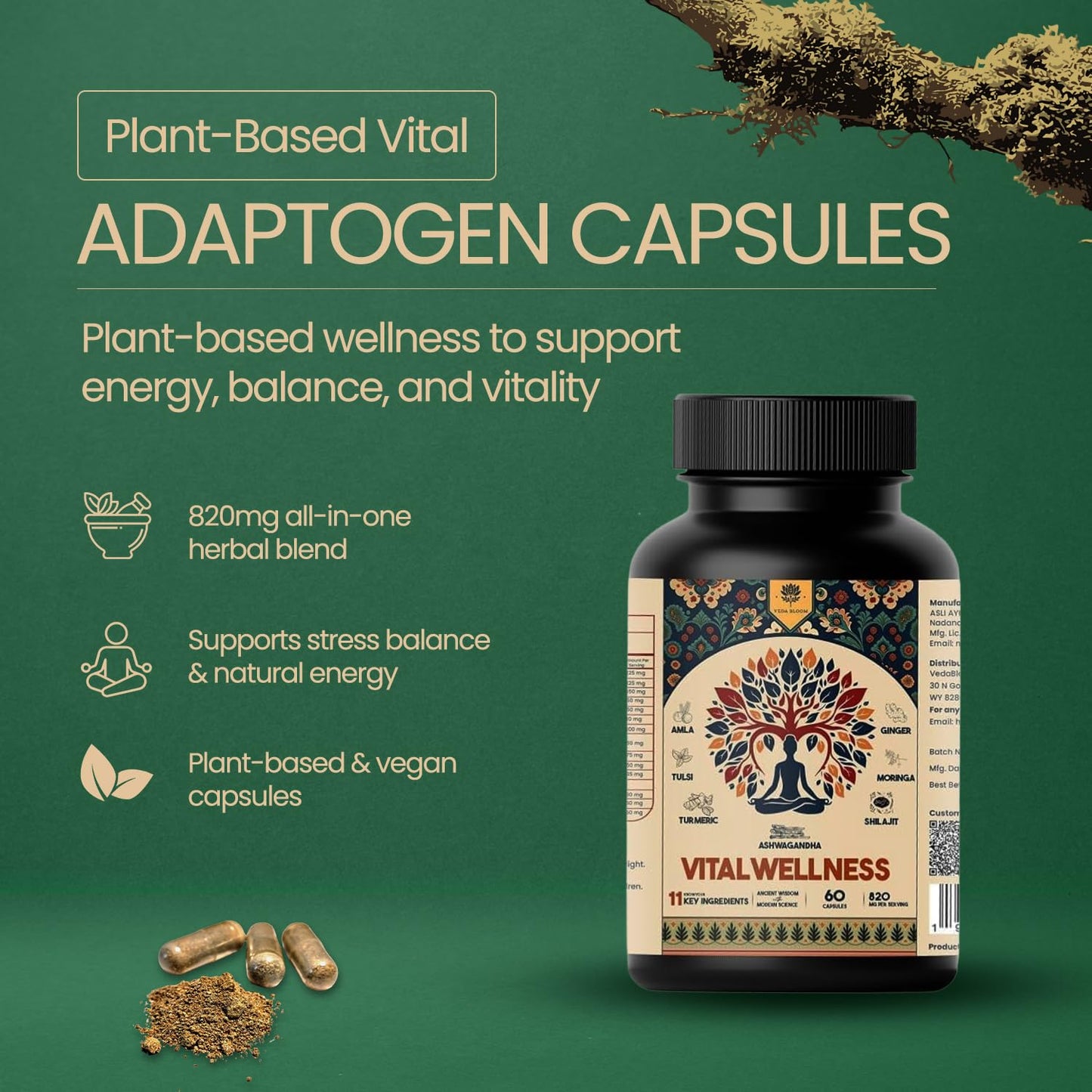 Veda Bloom Calm Energy Supplement for Busy Professionals – Stress Relief & Focus Support | No Jitters No Crash | Natural Formula for Work Productivity, 60 Capsules