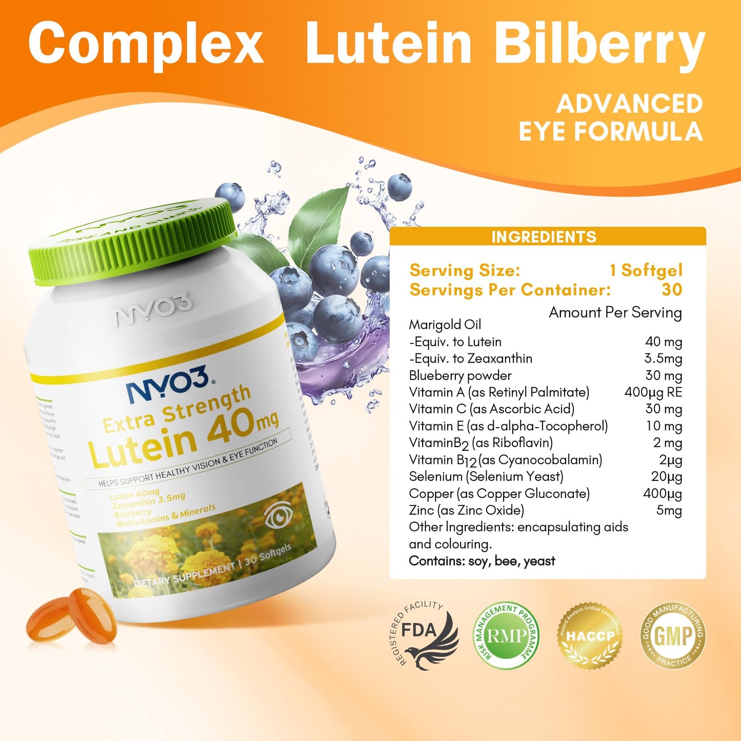 NYO3 Lutein & Zeaxanthin 40mg with Blueberry Softgel, 30 Softgels