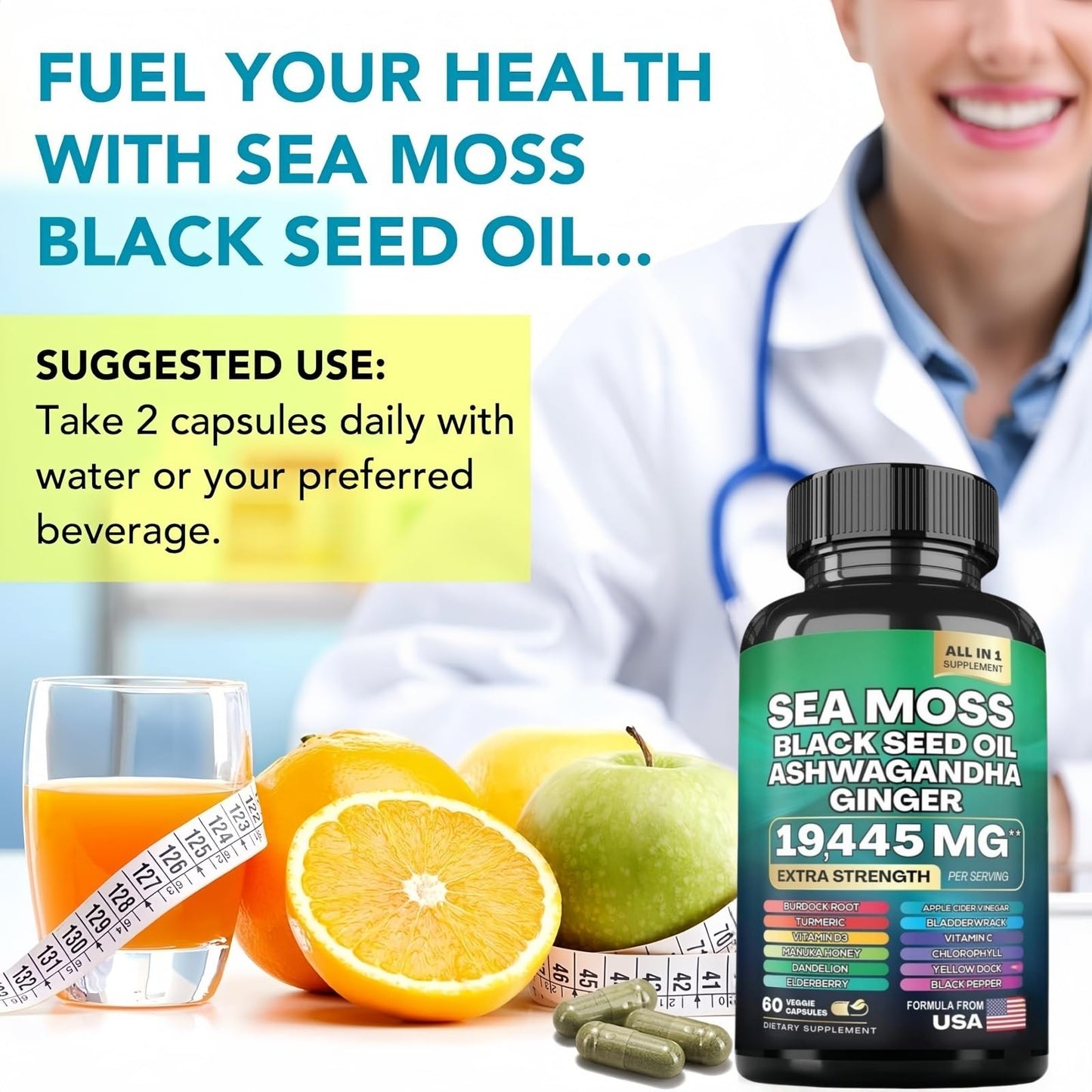 HealthyFinds Sea Moss Black Seed Oil Ashwagandha Ginger Capsules with Turmeric, Bladderwrack, Burdock, Vitamin C & D3, Elderberry, Manuka, Dandelion, Yellow Dock, Iodine, Chlorophyll, ACV, 60 Capsules