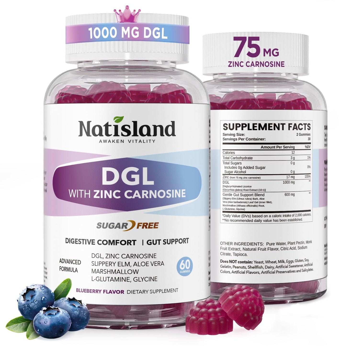NATISLAND DGL & Zinc Carnosine Gummies Daily Digestive Comfort Support Deglycyrrhizinated Licorice Extract & Gentle Gut Blend, Sugar-Free, Non-GMO, 120 Gummies