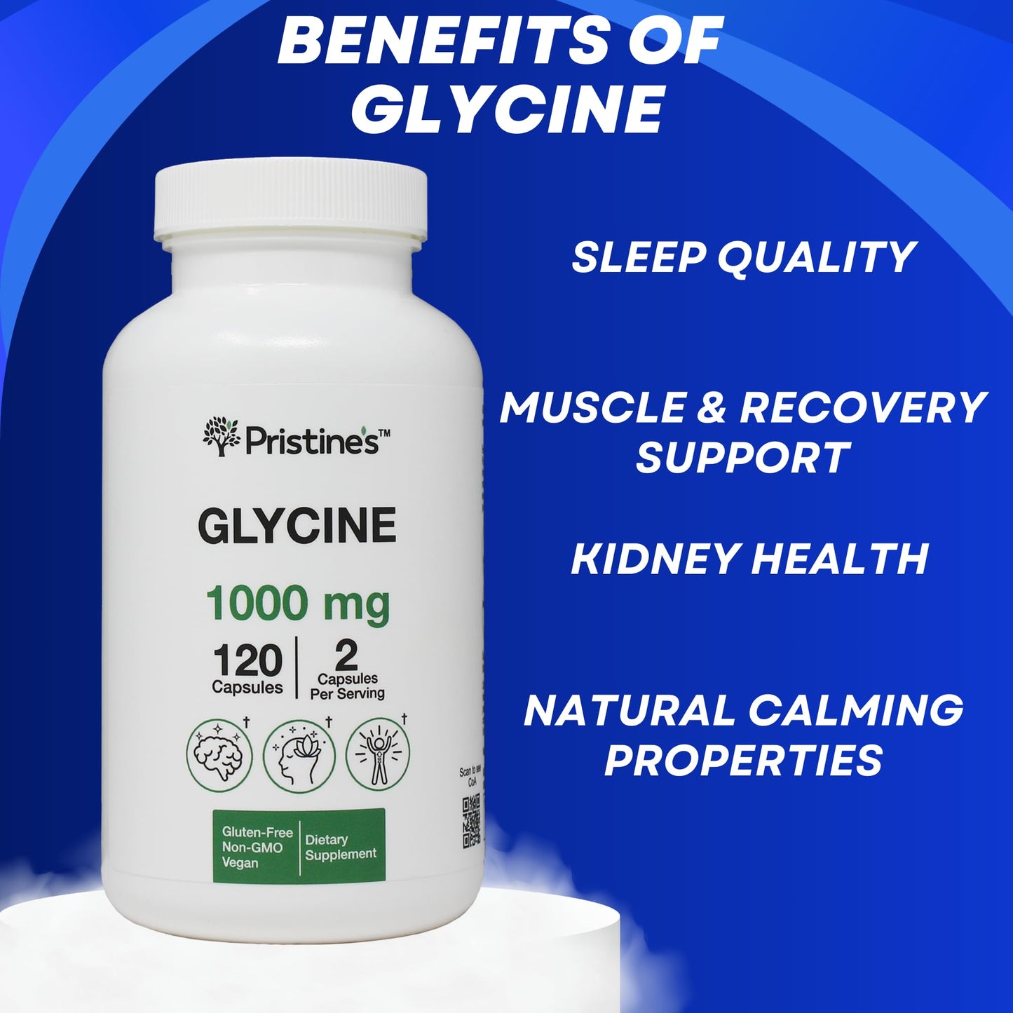 PRISTINE'S Glycine 1000mg Amino Acid Capsules, Sleep Support, Vegan, 120 Count