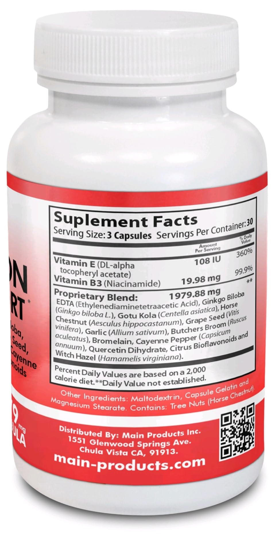 Main Products Circulation & Vein Support Supplement Capsule, 90 Capsules
