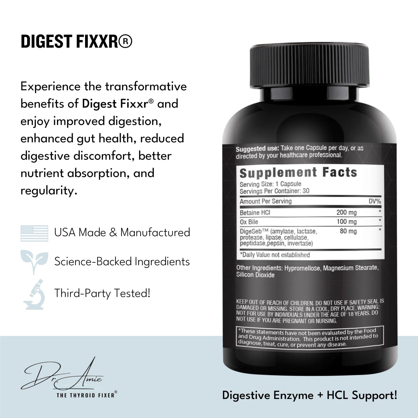 Fixxr Digest by Dr. Amie Digestive Enzyme & HCl Support 30 Capsules