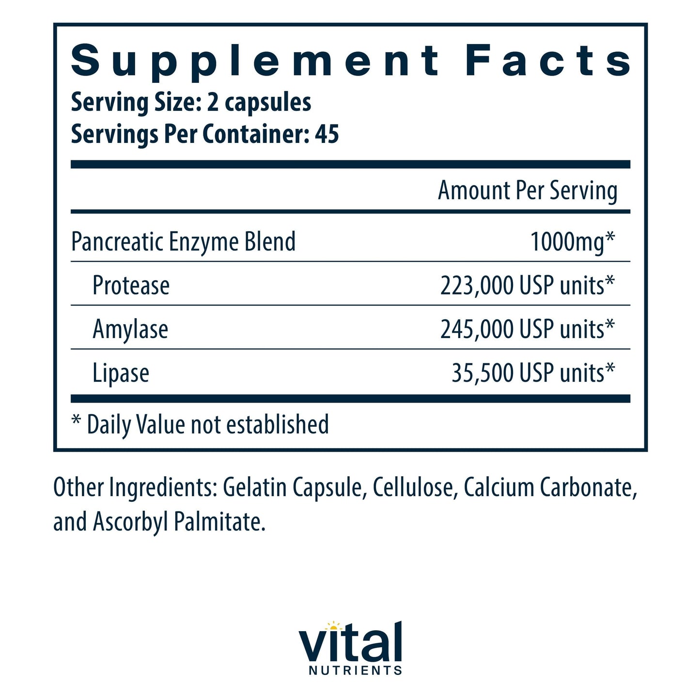 Vital Nutrients Pancreatic Enzymes 1000mg (Full Strength) Pancreatin Digestion Supplement with Protease, Amylase & Lipase Capsules, 90 Count