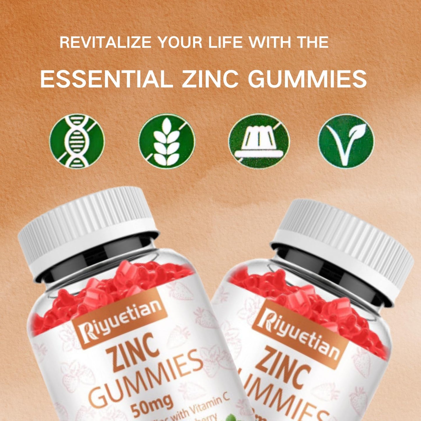 Riyuetian Zinc Gummies 50mg High Potency Zinc with Vitamin C + Vitamin D3 + Elderberry Immune Health Support, Vegan, Non-GMO, Gluten Free, 60 Gummies