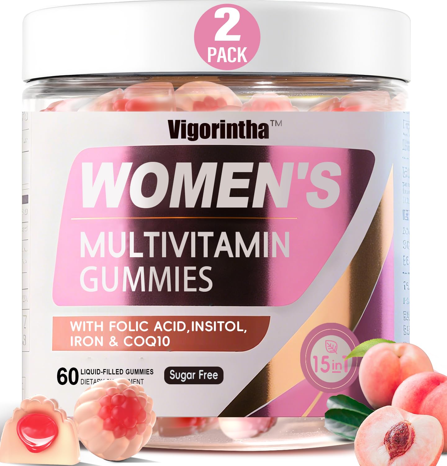 Vigorintha Sugar Free Women's Multivitamin Gummies with 19 Vitamins & Minerals, Iron, Calcium, Folate, Biotin, Inositol – Vegan, Natural Peach Flavor, 120 Count