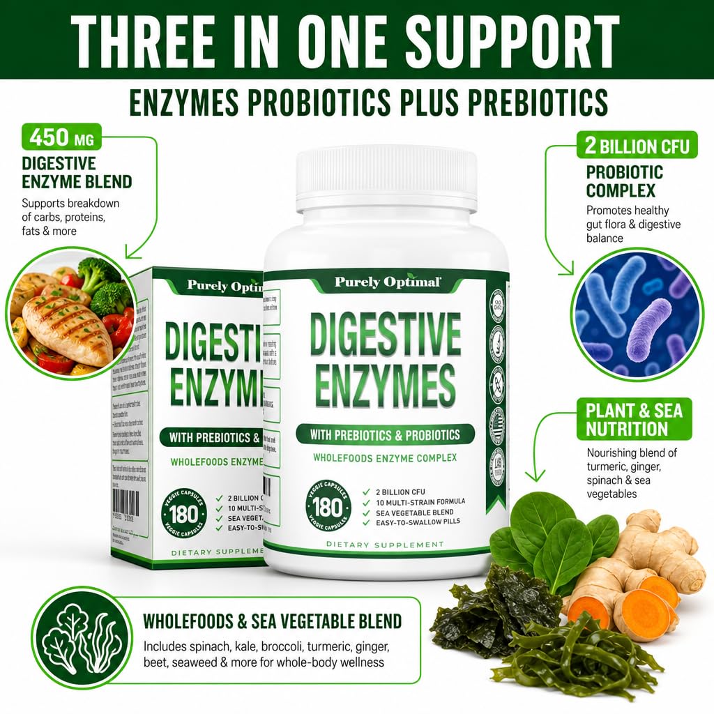 Purely Optimal Digestive Enzymes for Women and Men – Multi-Enzyme Supplement for Bloating Relief, Digestion and Heavy Meal Support – with Probiotics and Prebiotics for Gut Health, 180 Capsules