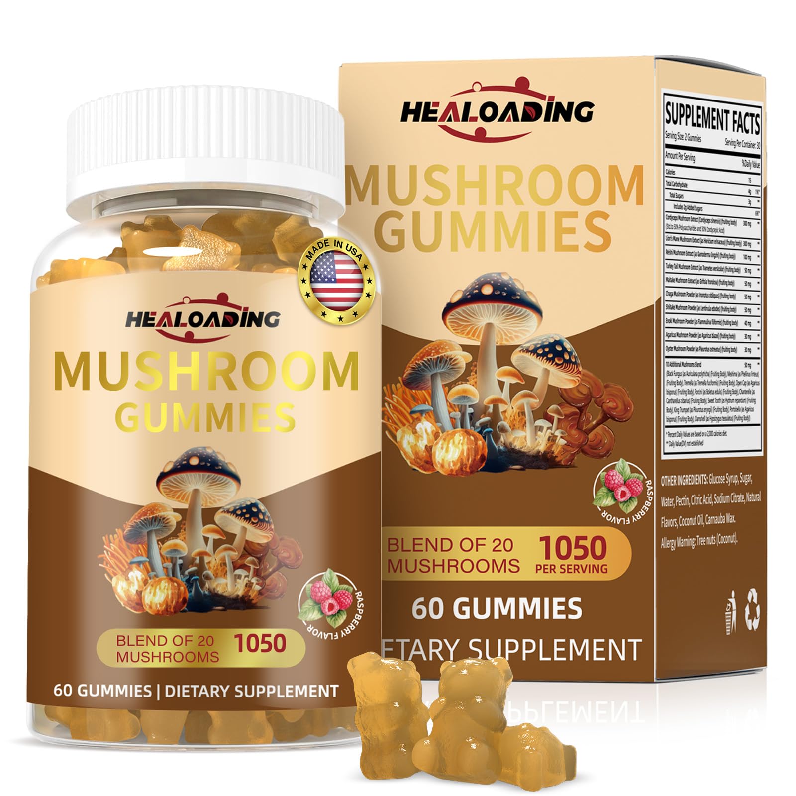 HEALOADING Mushroom Gummies with Lion's Mane & Cordyceps - Immune Support, Brain Health & Memory Enhancement - Vegan Mushroom Complex with Vitamin D3, B6, B9 & B12 - Focus, Energy & Cognitive Function Supplement, 60 Gummies