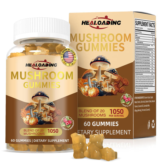 HEALOADING Mushroom Gummies with Lion's Mane & Cordyceps - Immune Support, Brain Health & Memory Enhancement - Vegan Mushroom Complex with Vitamin D3, B6, B9 & B12 - Focus, Energy & Cognitive Function Supplement, 60 Gummies