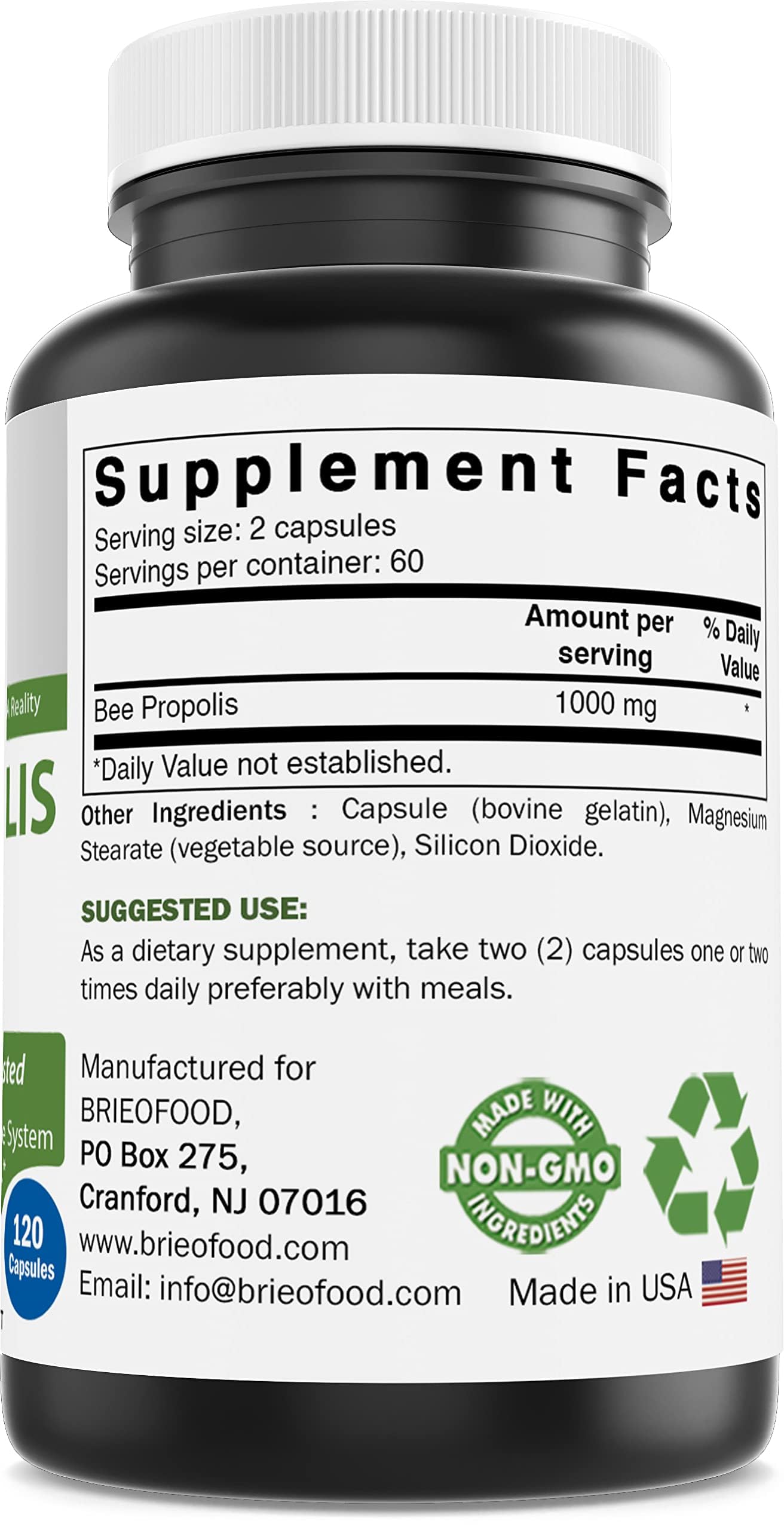 Brieofood Bee Propolis 1000mg per Serving, 120 Capsules