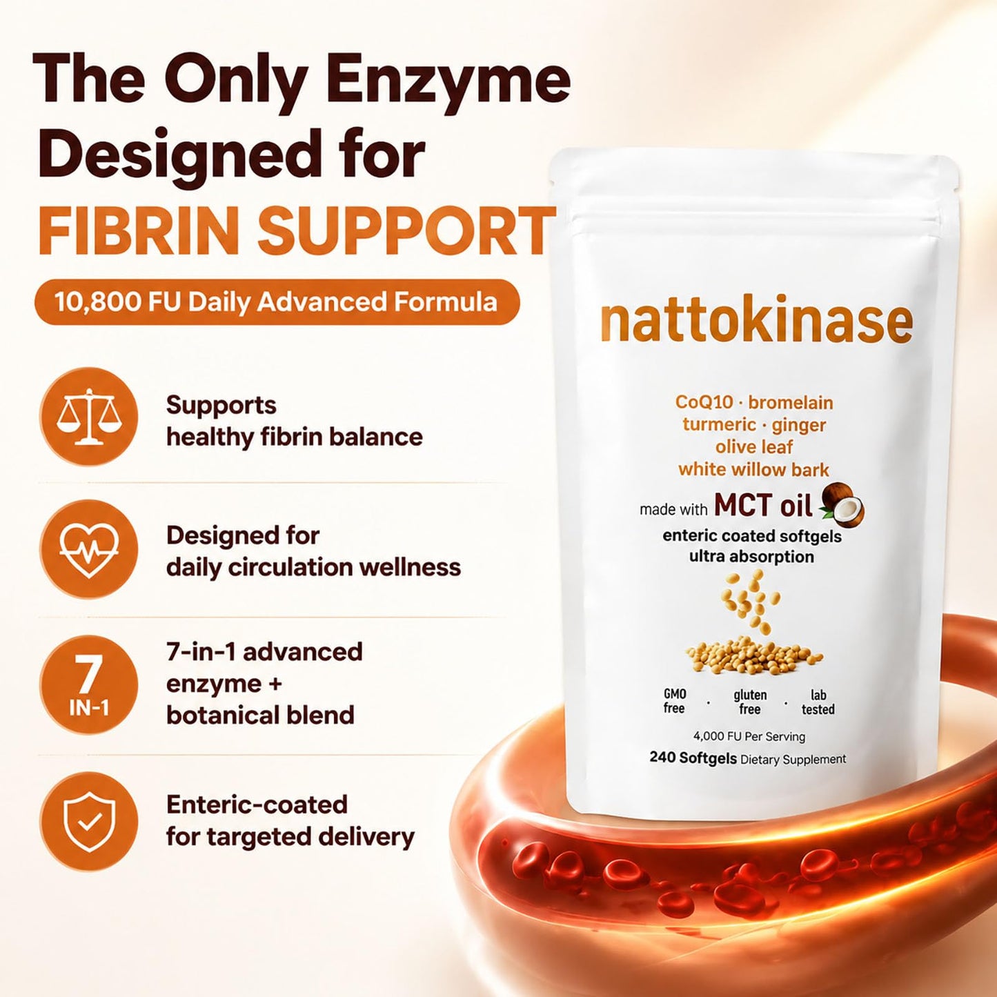 LumiLight Nattokinase 10,800 FU Daily Supplement – 7-in-1 Circulation Support Formula with CoQ10, Bromelain, Turmeric, Ginger, White Willow Bark Enteric Coated Softgels, 240 Softgels