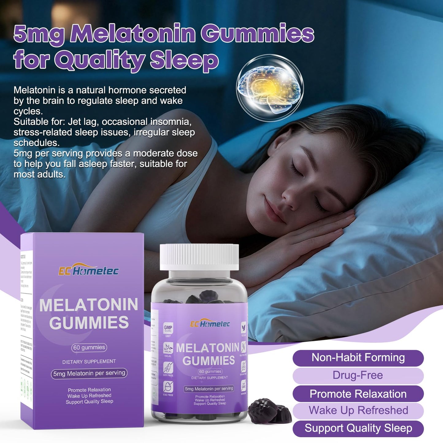 EC Hometec Melatonin Gummies 5mg Sugar-Free Sleep Support for Adults Mulberry Flavor, 60 Count