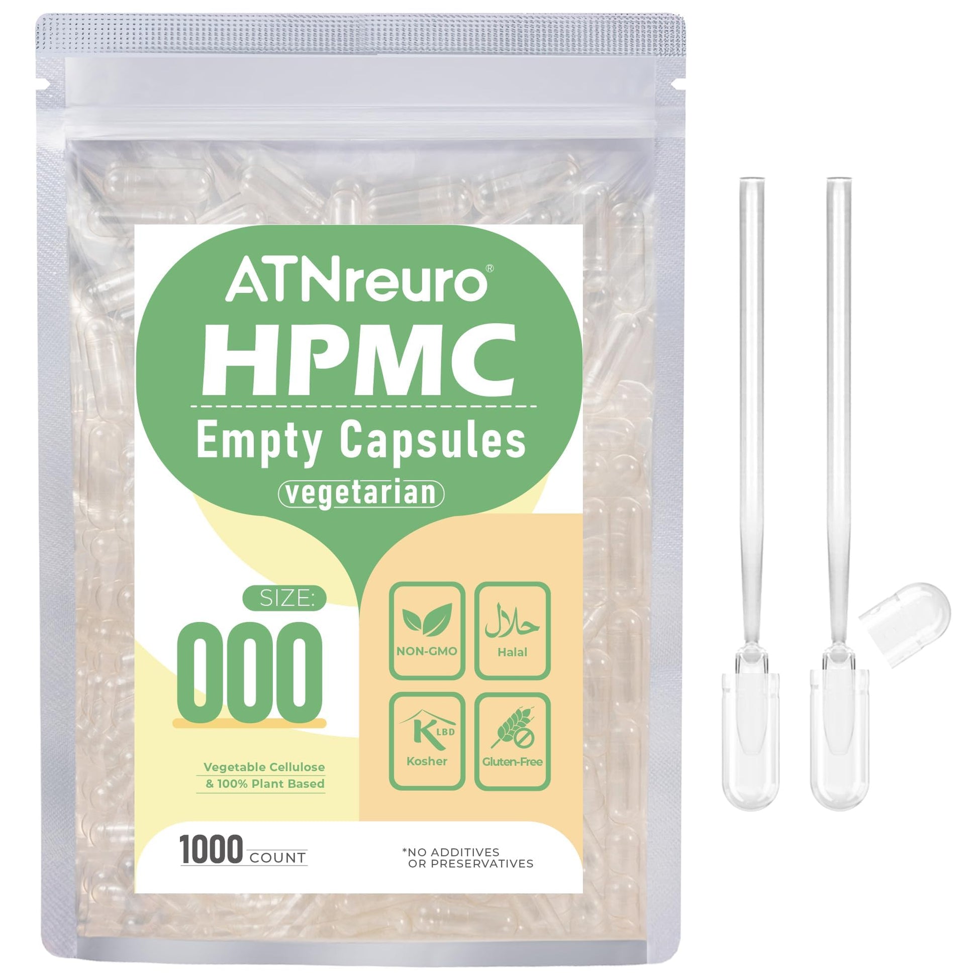 ATNreuro Empty Vegan Capsules with 2 Micro Spoons - 1000 Count Capsules
