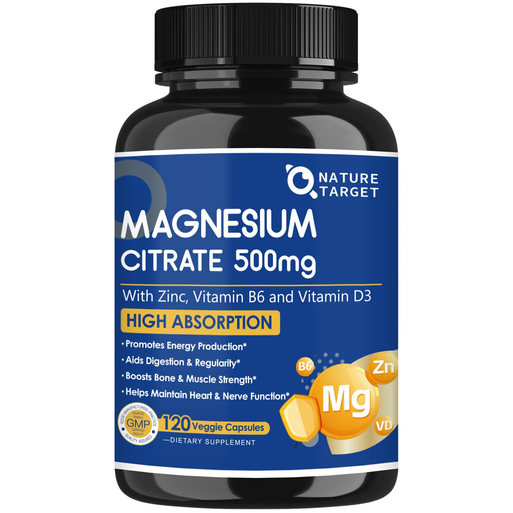 Nature Target Magnesium Citrate 500mg with Zinc & Vitamin D Capsules, 120 Count