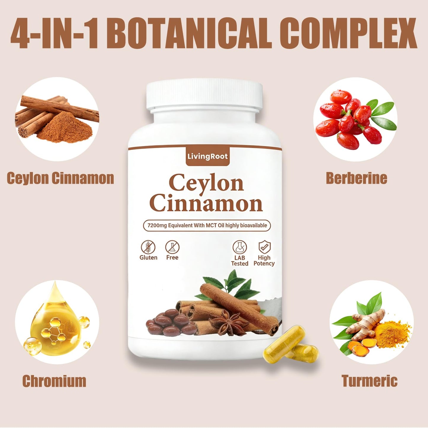 LivingRoot Ceylon Cinnamon with Berberine, Chromium & Turmeric Highly Bioavailable Herbal Extract Softgel 1 Count