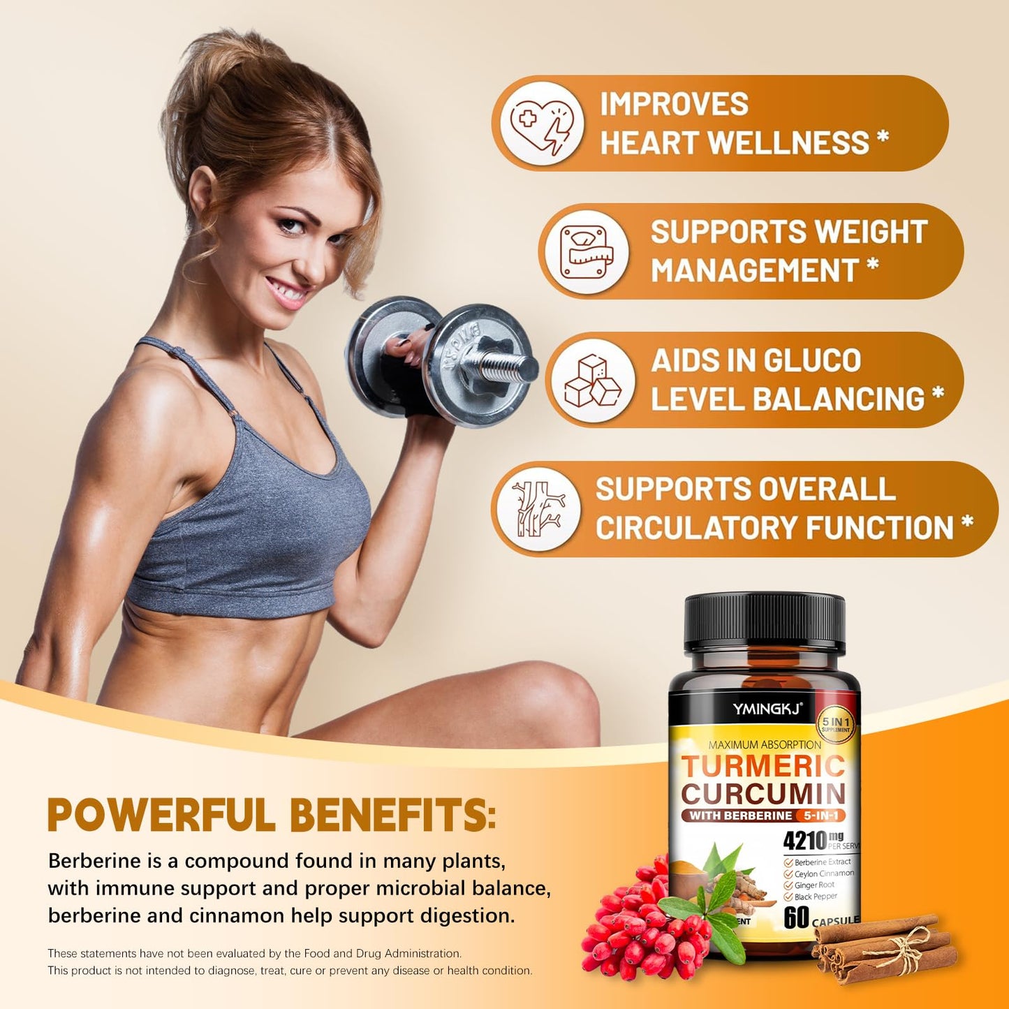 YMINGKJ Turmeric Curcumin Supplement with Black Pepper & Bioactive Botanicals (Turmeric, Ginger, Berberine, Ceylon Cinnamon) – Premium Daily Wellness Support Capsules 180