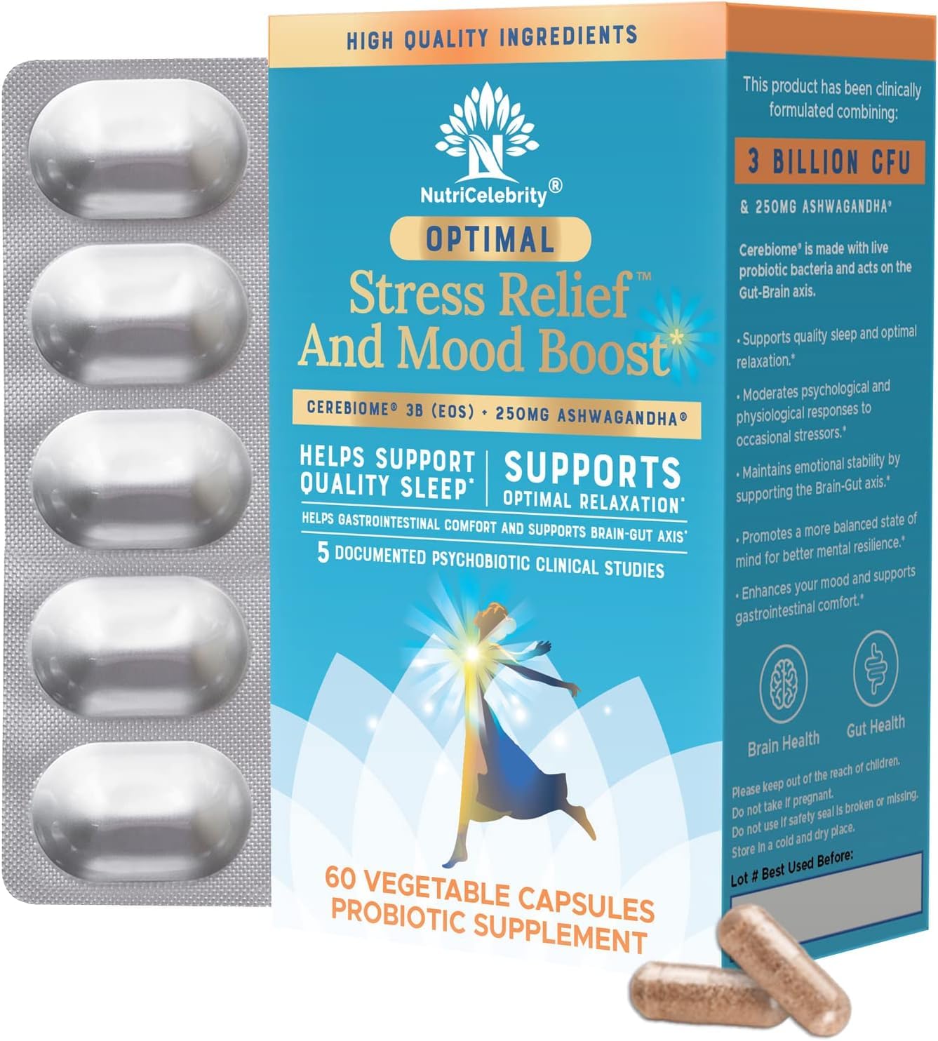 Nutricelebrity Optimal Stress Relief Supplement with Ashwagandha KSM-66, Probiotics for Women, Mood Support and Sleep Aid, Vegan Non-GMO, 60 Capsules