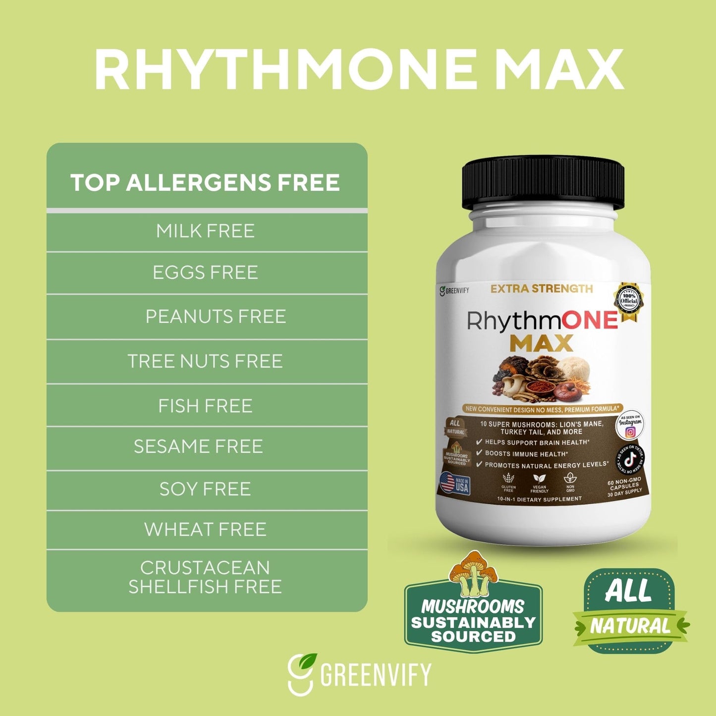 GREENVIFY RhythmONE MAX Mushroom Powder Blend 60 Capsules