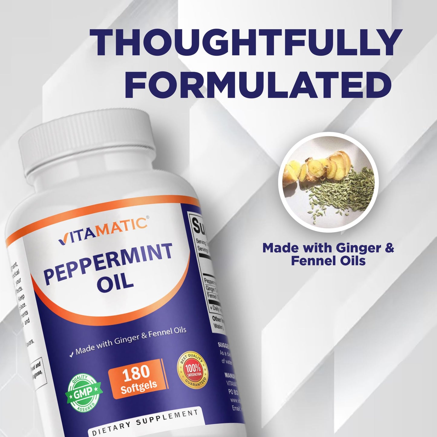 Vitamatic Peppermint Oil Gel with Ginger & Fennel Oils Softgels, 180