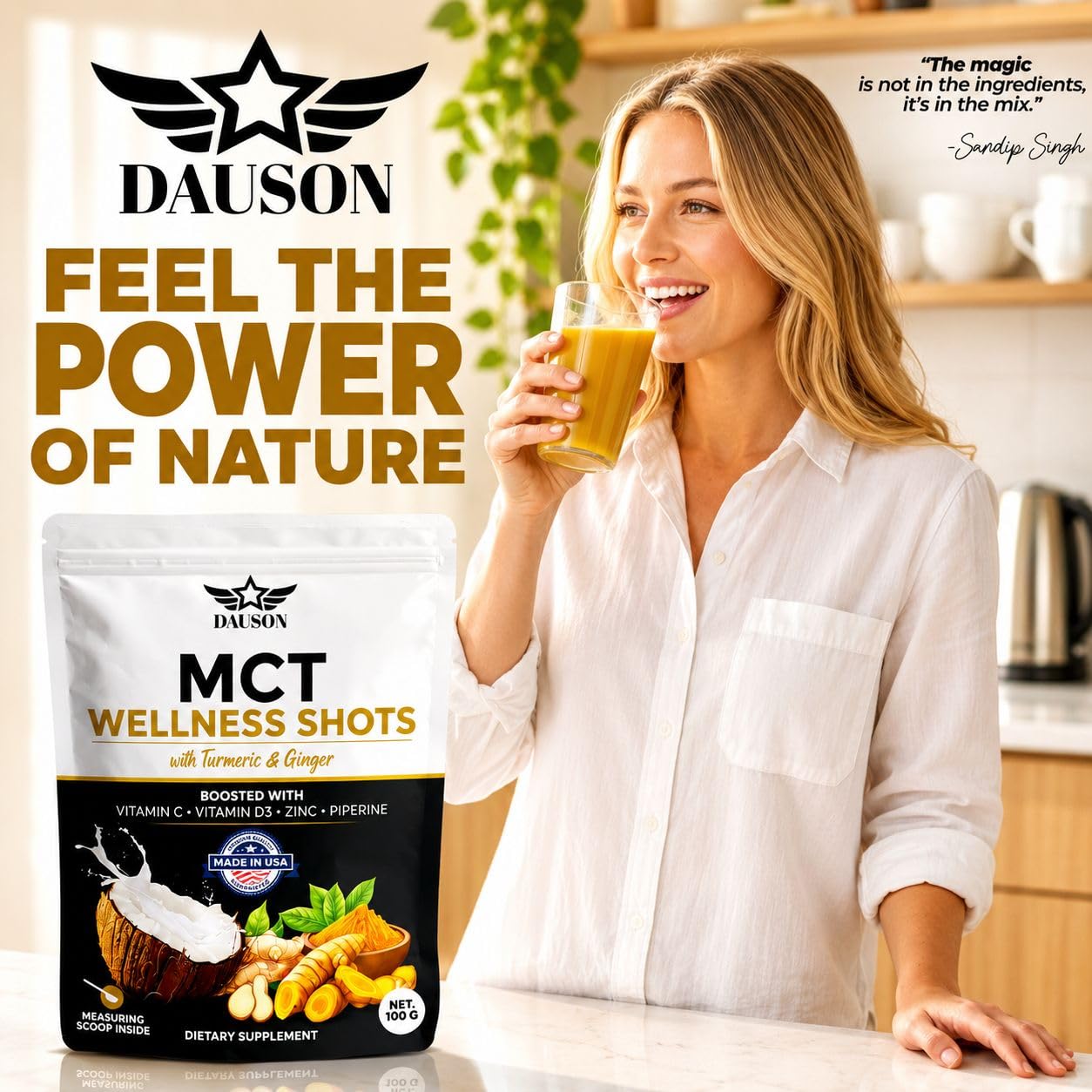DAUSON MCT Shots Boosted with Turmeric, Ginger, Vitamin C, D3, Zinc, Piperine & Prebiotic Fiber Powder 3.53 oz