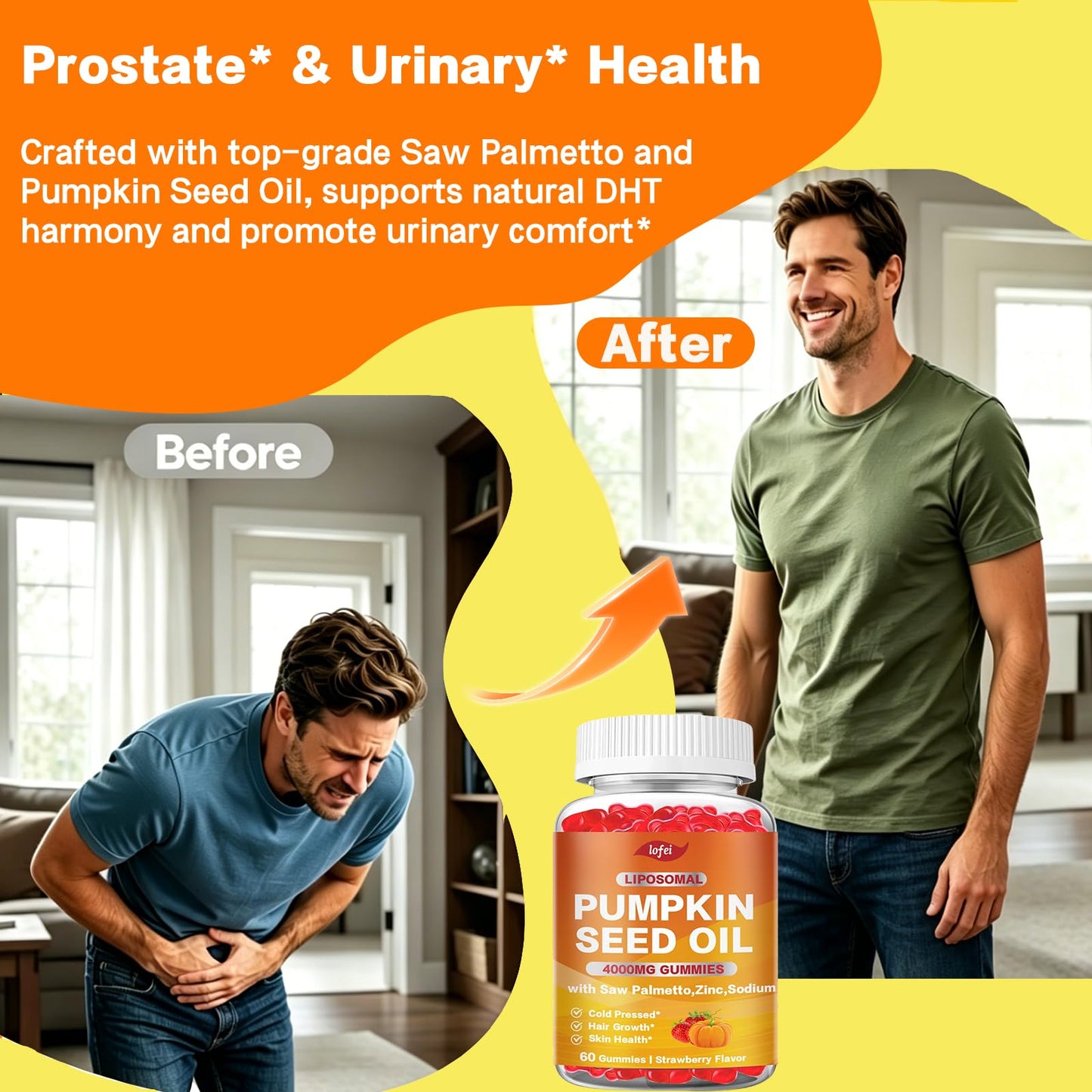 Lofei Pumpkin Seed Oil 4000mg with Saw Palmetto for Hair Growth and Prostate, 60 Gummies