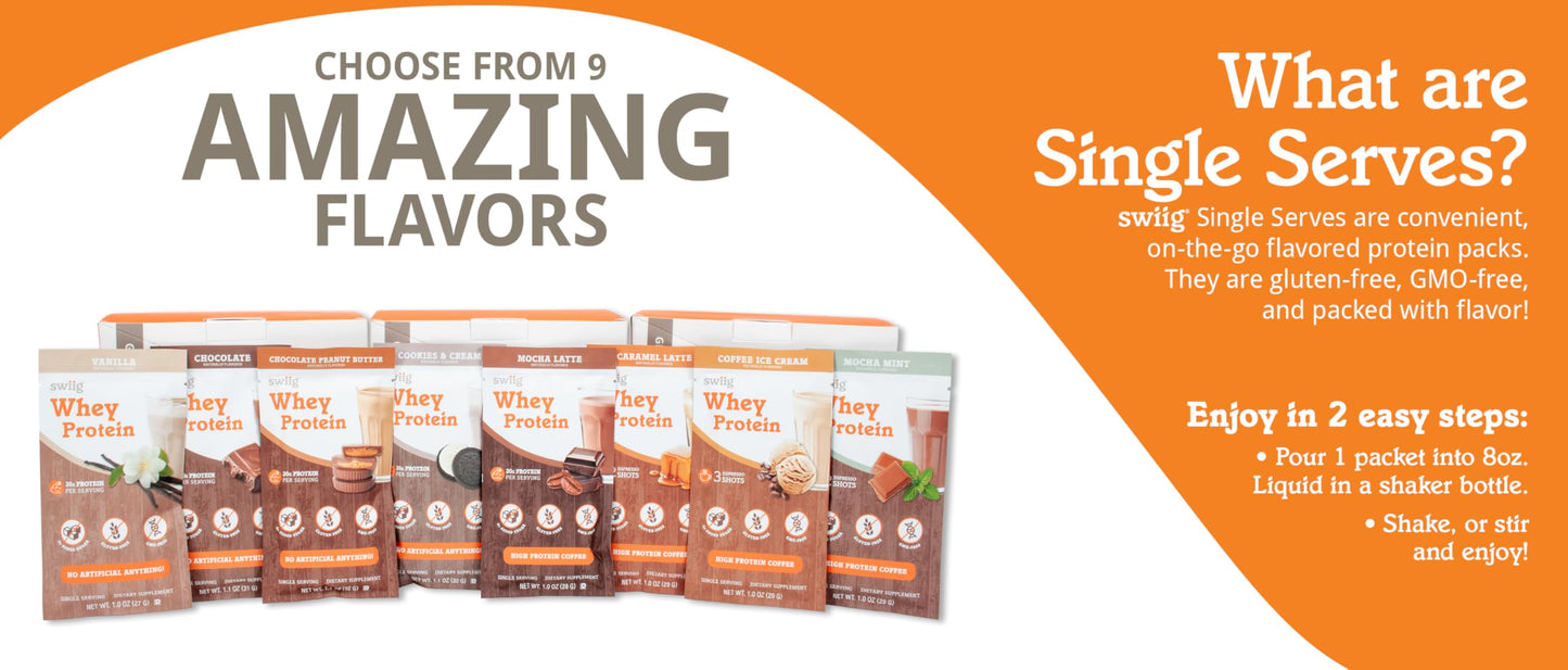 swiig Whey Protein Powder Caramel Latte Single-Serve Packets, 10 Count