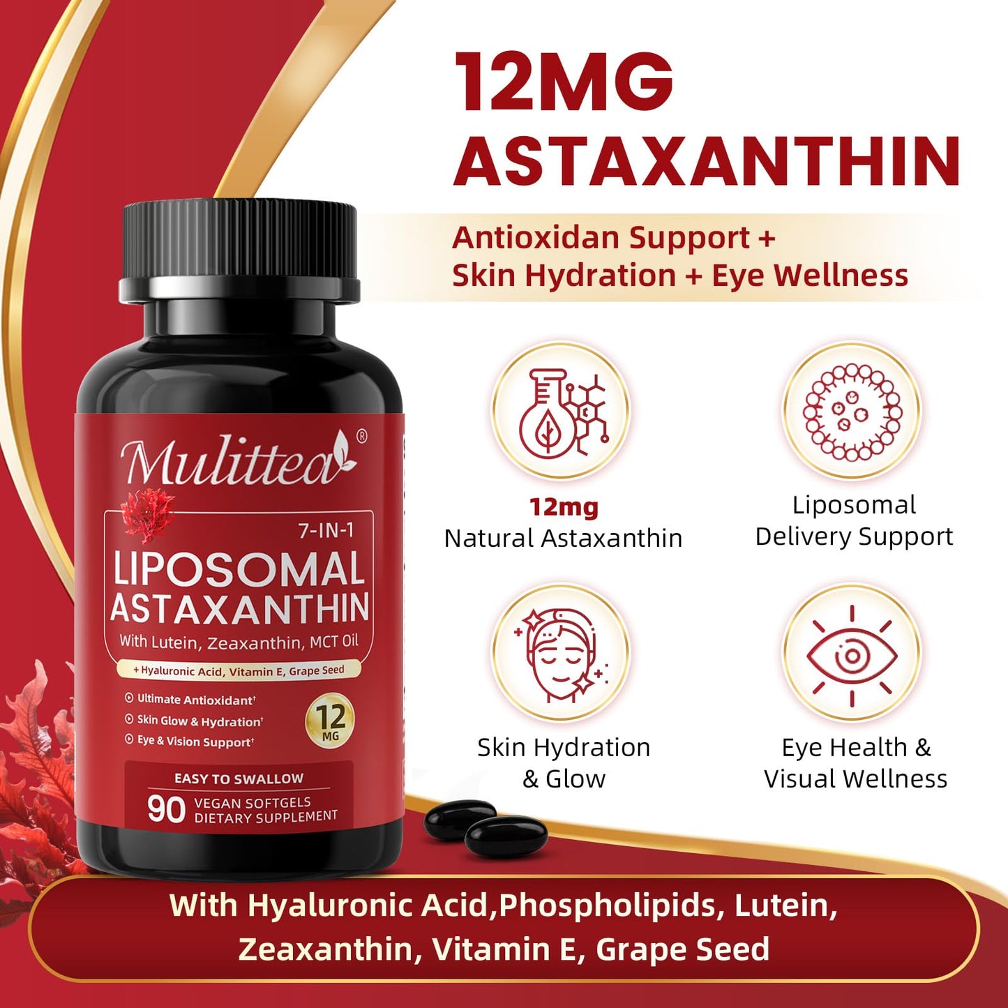 Mulittea Liposomal Astaxanthin 12mg with Hyaluronic Acid & Lutein for Skin & Eye Softgels, 60 Count