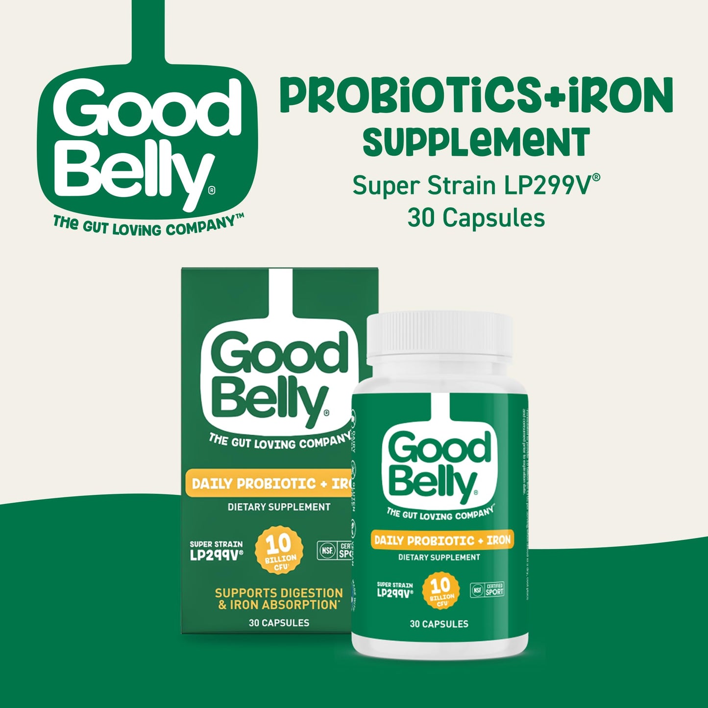 GoodBelly Probiotic Capsules for Digestive Health & Iron Absorption, 30 Capsules