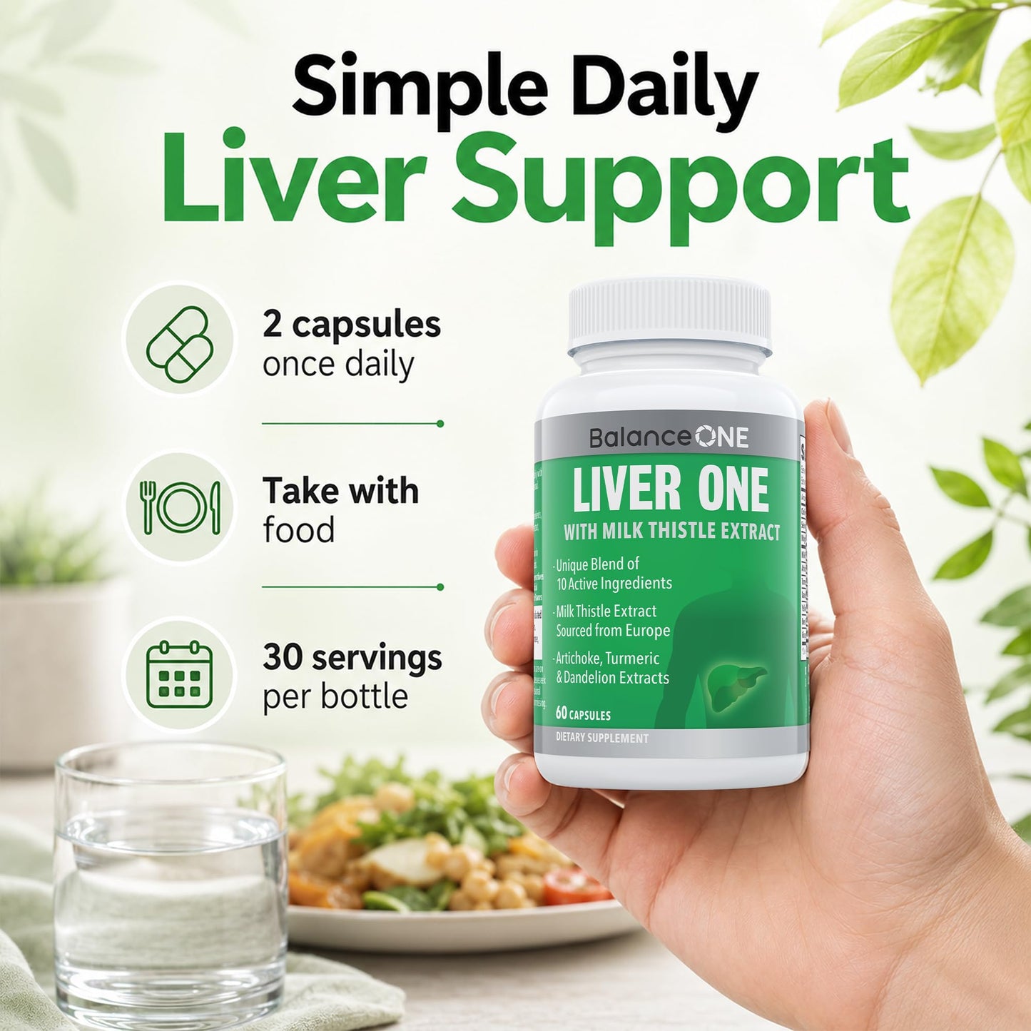 Balance ONE Liver Support Supplement with Milk Thistle, Molybdenum, Dandelion Root & Choline Capsule, 60 Count