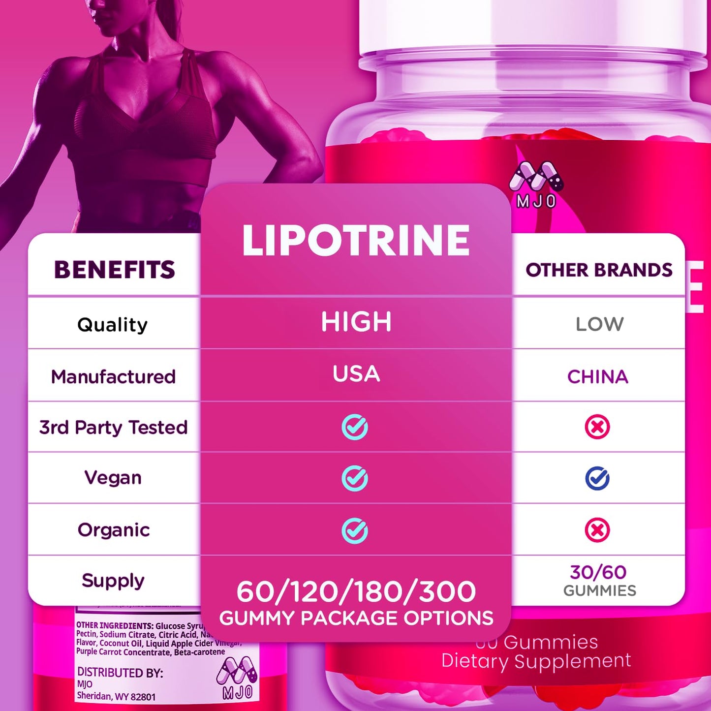 MJO Lipotrine Gummies Weight Management with Apple Cider Vinegar Maximum Strength Active Lifestyle Multivitamins, 90 Gummies