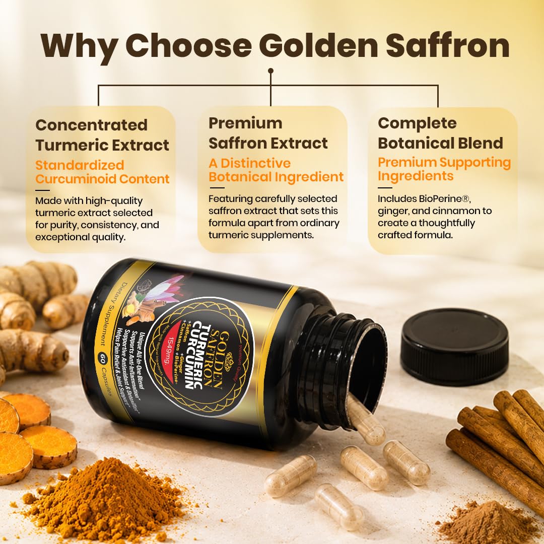 GOLDEN SAFFRON Turmeric Curcumin Supplement with Bioperine, Saffron, Cinnamon, and Ginger Capsules 60 Count