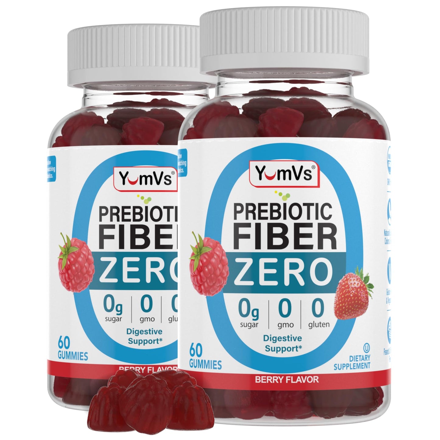 YUM-V'S Sugar Free Prebiotic Fiber Gummies for Adults and Kids Berry Flavor, 120 Gummies