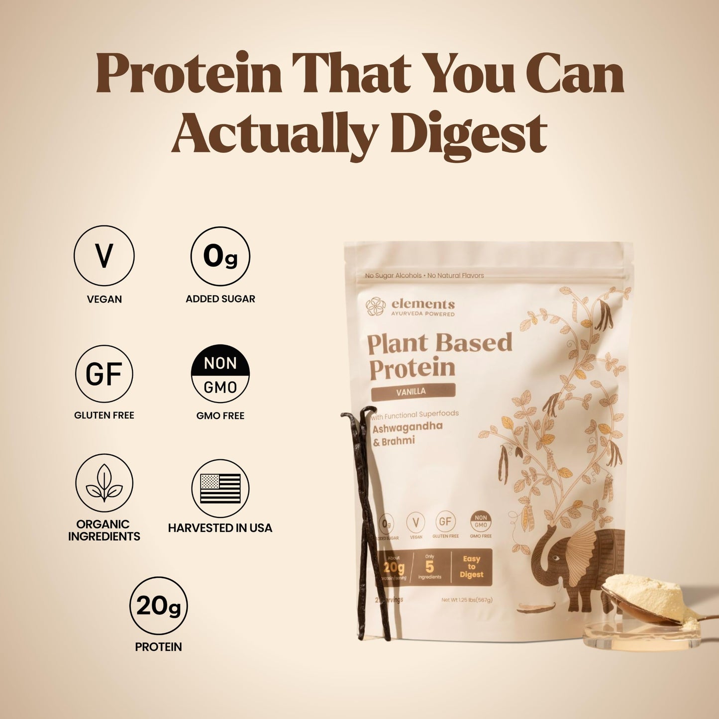 Elements Truffles Vanilla Plant Protein Powder (20g Protein), 1.25 Pound