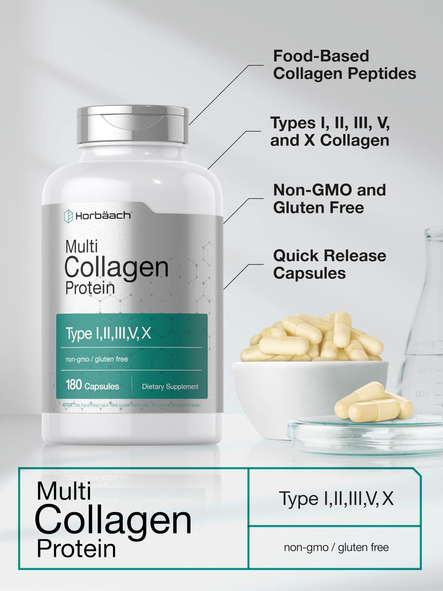 Horbäach Multi Collagen Protein 2000 mg Capsules, 180 Count