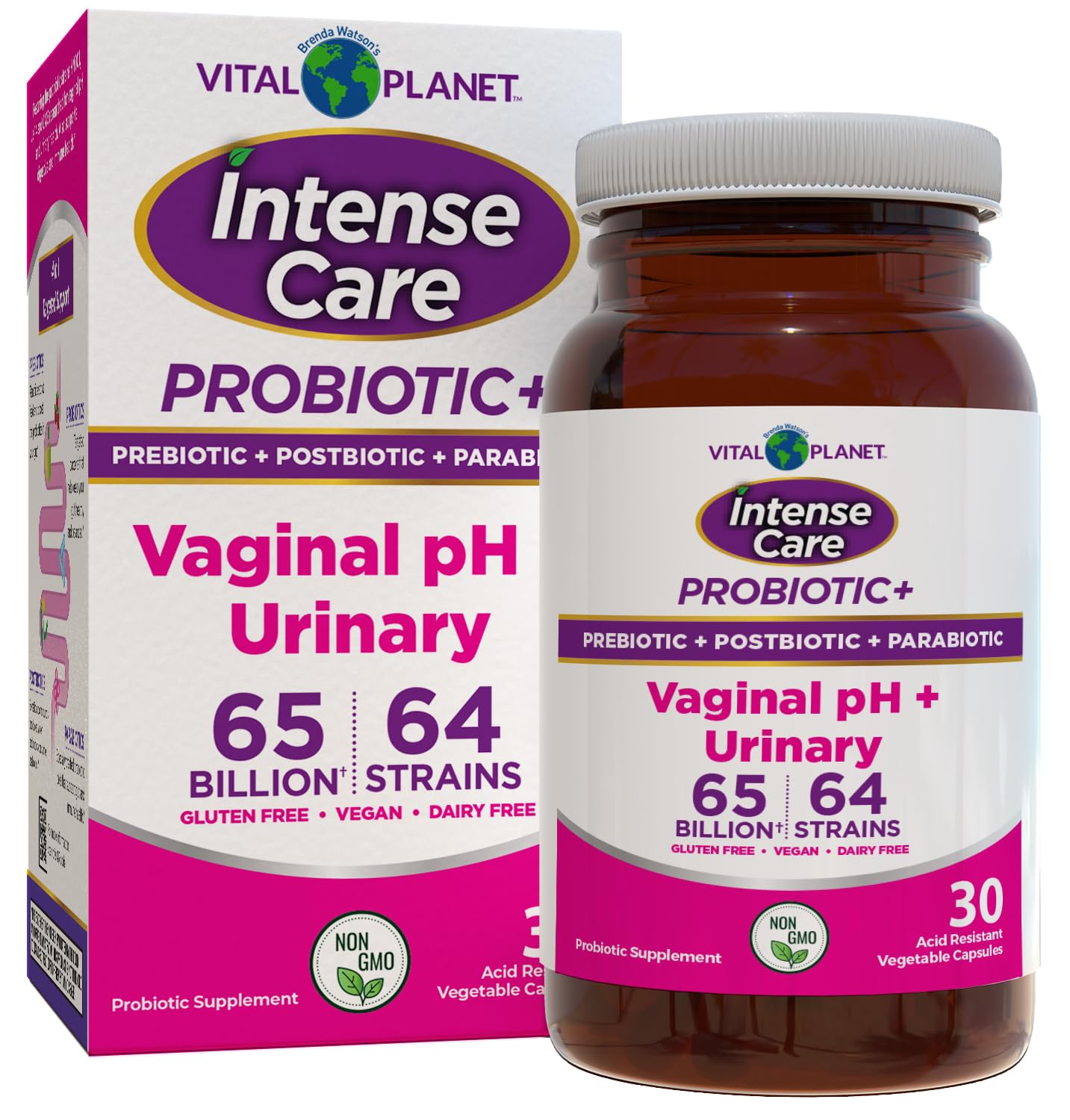 Vital Planet Intense Care Vaginal pH & Urinary Probiotics, Prebiotics, Postbiotics, Parabiotics 4-in-1 Refrigerated Supplement for Adults, 65 Billion CFU, 64 Strains, Capsule, 30 Count