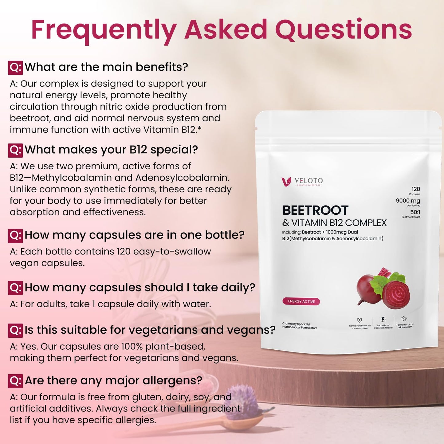 VELOTO Beet Root Extract High Strength 50:1 – 180mg per Capsule with Vitamin B12 1000mcg, Nitric Oxide & Antioxidant Support, Vegan, Non-GMO, 120 Veg Capsules