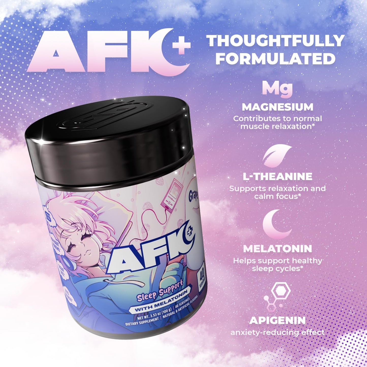 Gamer Supps AFK+® (with Melatonin): Grape Sleep Support Powder, 3.53 oz