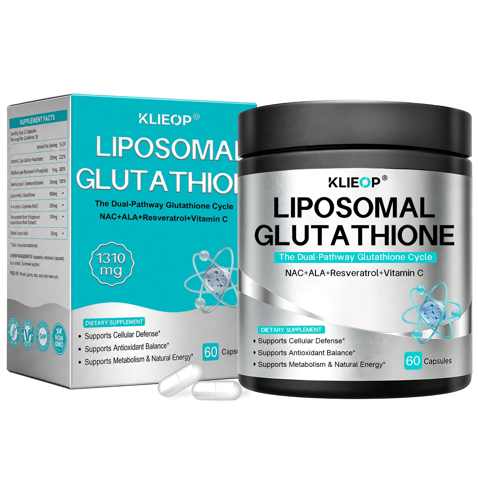 Klieop Liposomal Glutathione Supplement with Glutora (800mg), Vitamin C, NAC & Alpha-Lipoic Acid Capsule, 60 Count