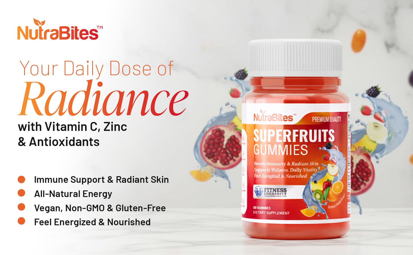 NutraBites Superfruit Gummies with Antioxidants, Vitamin C & Zinc - Immune Support & Radiant Skin - All-Natural Energy - Vegan, Non-GMO & Gluten-Free - Delicious Berry Flavor, 60 Gummies