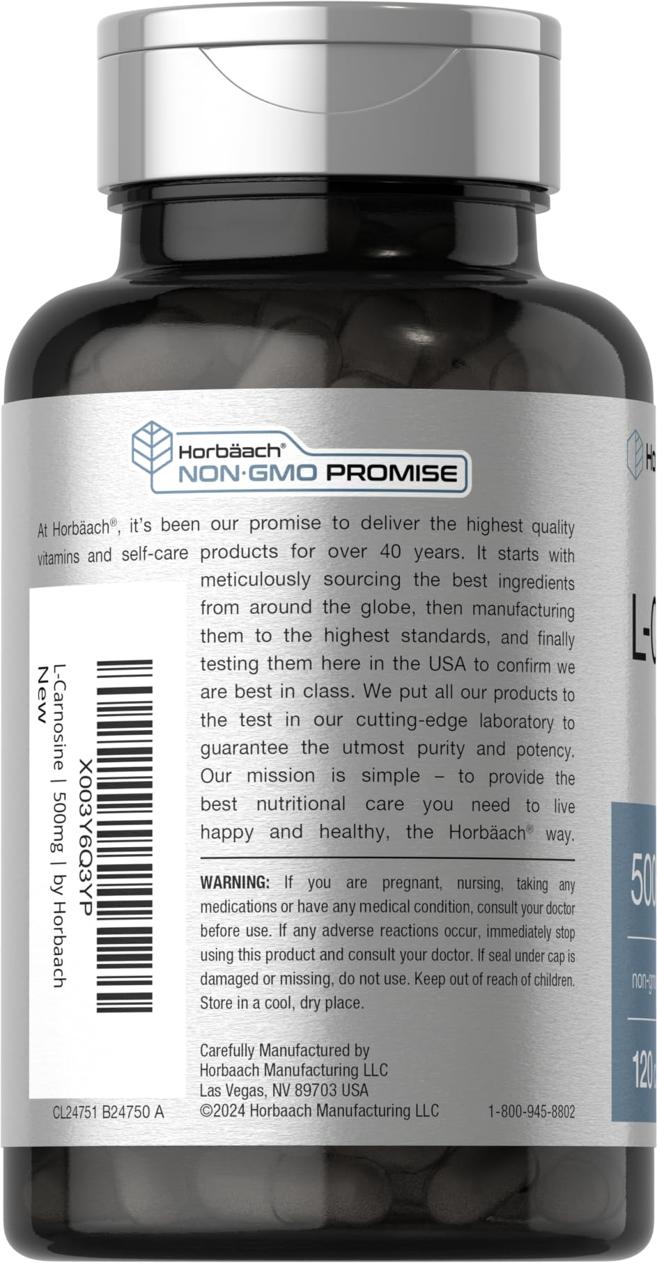Horbäach L-Carnosine 500mg Capsules 120 Count