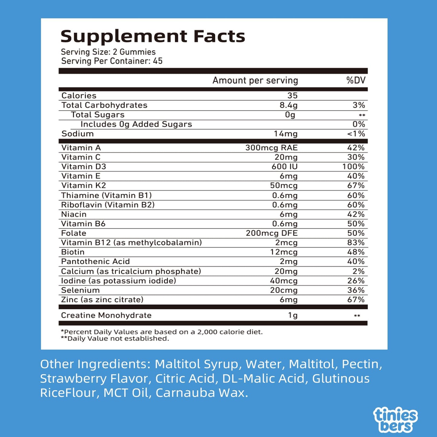 Tinies bers Creatine Gummies for Kids & Teens, 1g Creatine with Multivitamins, Methyl B12, Support Daily Growth, Muscle, Energy, Brain & Immune Health, Vegan, Pectin, Strawberry, Sugar Free, Gummy, 90