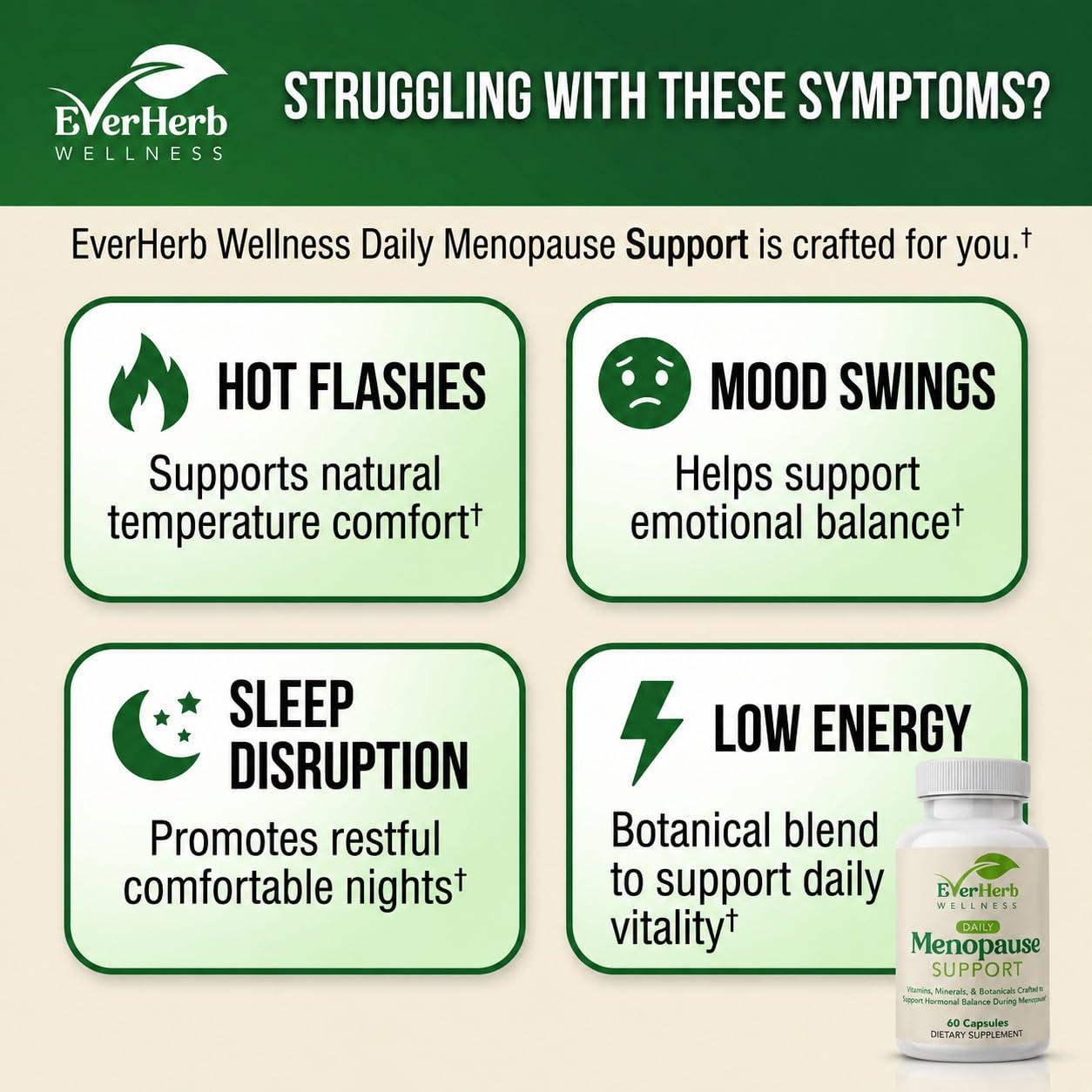 EverHerb Wellness Daily Menopause Supplement for Women - 10-in-1 Botanical Blend with Black Cohosh, Dong Quai, Vitex & Red Clover - Hot Flashes, Night Sweats, Mood & Sleep Support - 60 Capsules