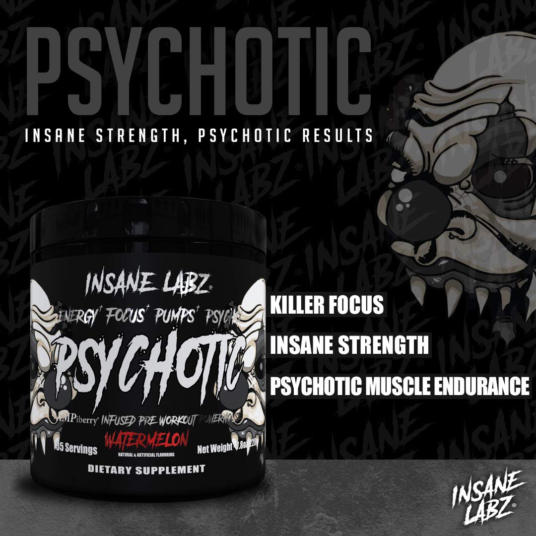 Insane Labz Psychotic Black Edition Mid Stimulant Pre Workout Powder, Energy Focus Pumps, Loaded with Creatine Beta Alanine Taurine Fueled by AMPiberry, 8