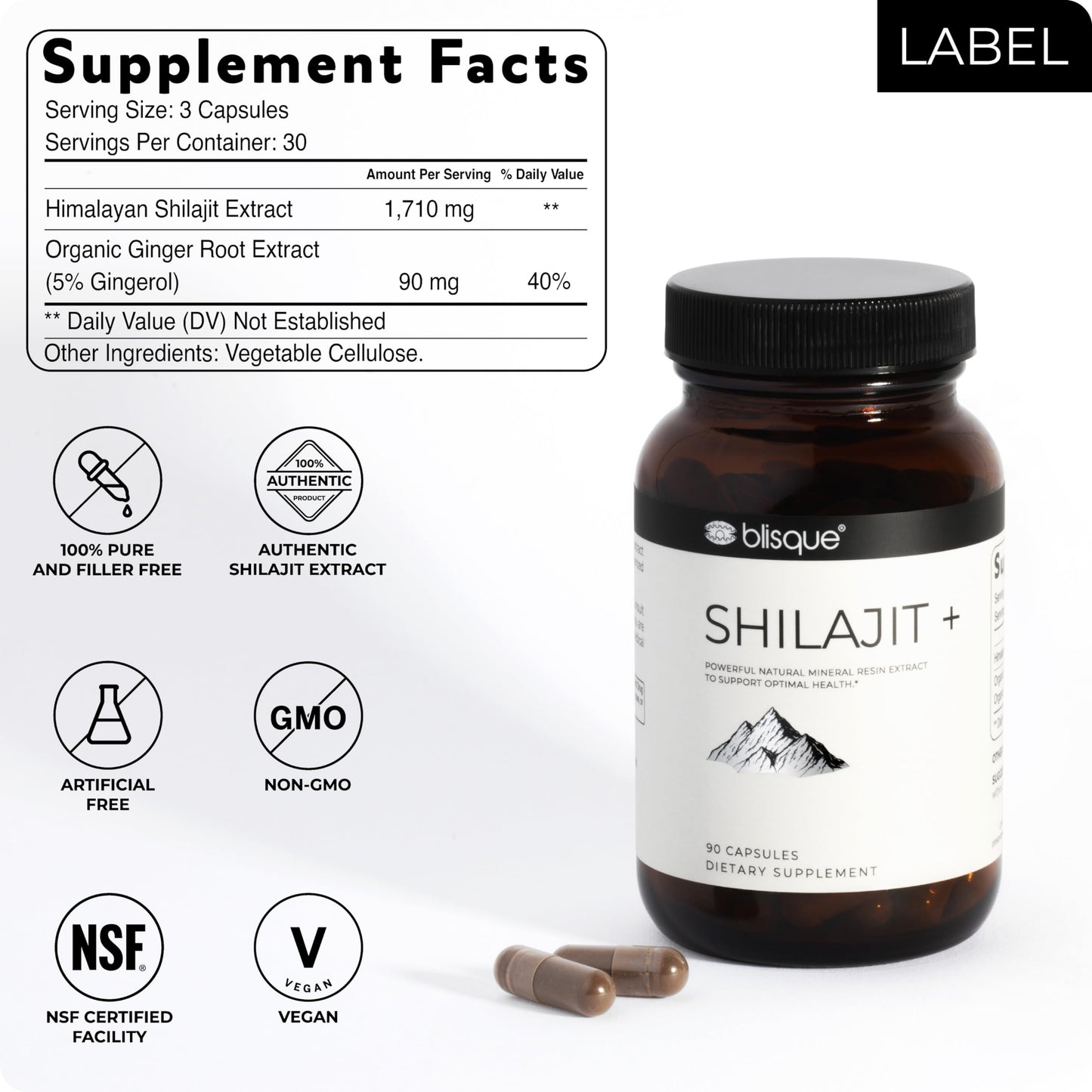 Blisque Pure Himalayan Organic Shilajit Resin Extract Capsules 90 Count