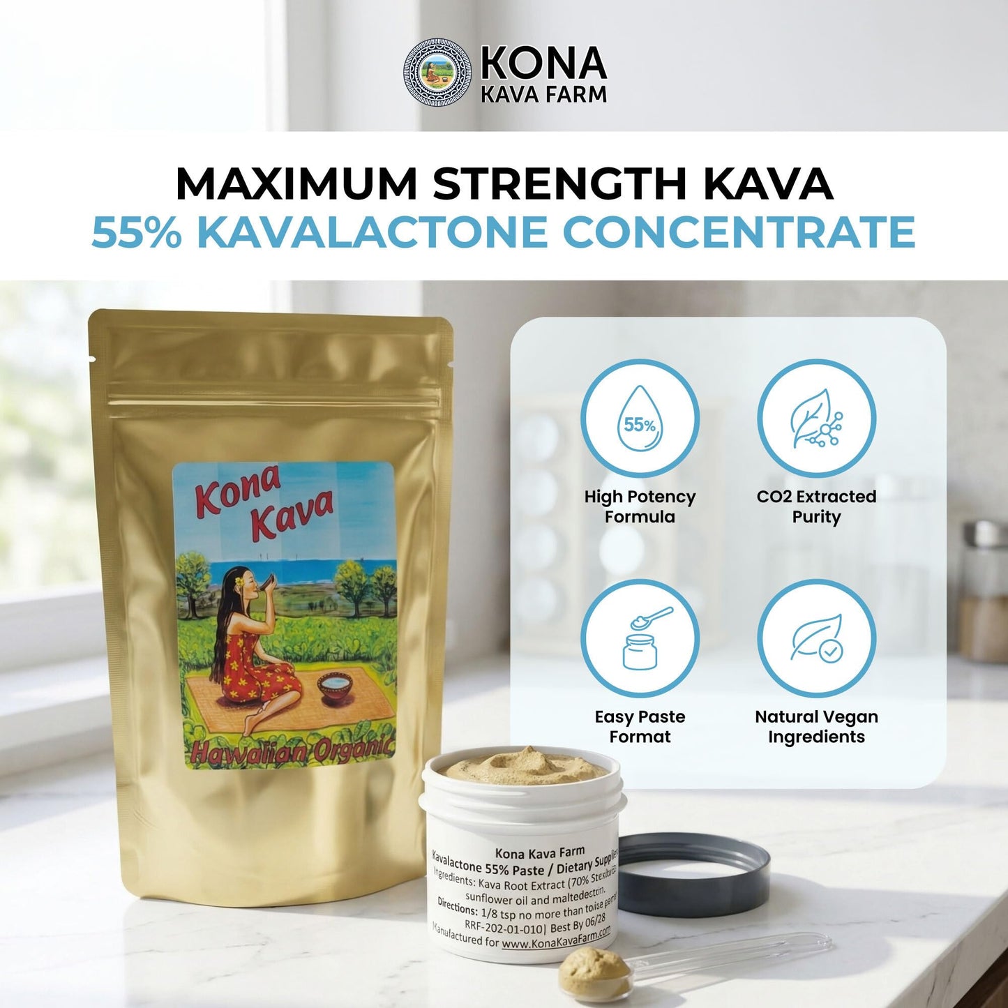Kona Kava Farm Full Spectrum 55% Kavalactone Paste Powder 0.5 oz