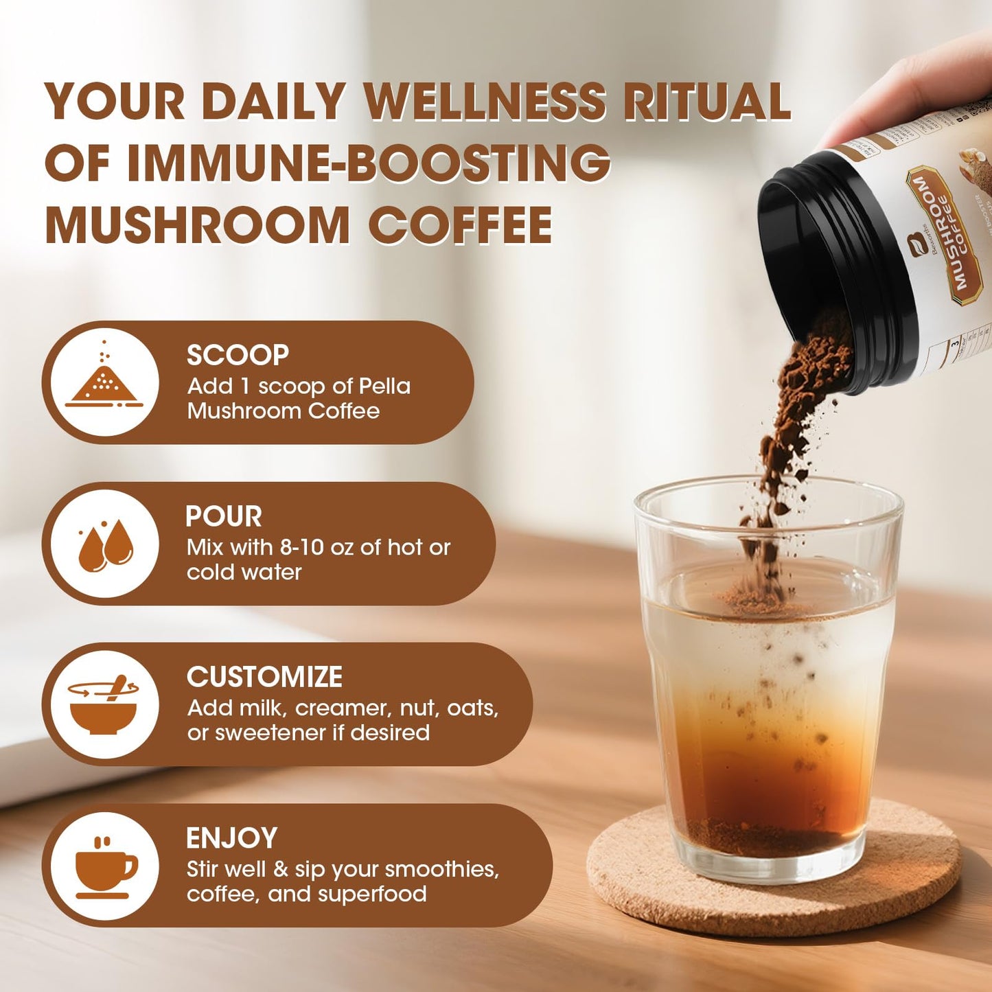 B BEWORTHS Mushroom Coffee Powder - 10 Adaptogenic Mushrooms, Low Roast, 4.23 oz