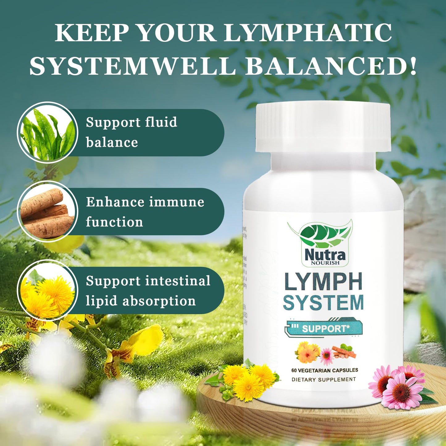 NutraNourish Lymphatic Drainage Supplement with Dandelion, Echinacea & Bromelain Extracts, Lymph System Support for Men and Women, Capsules, 60 Count