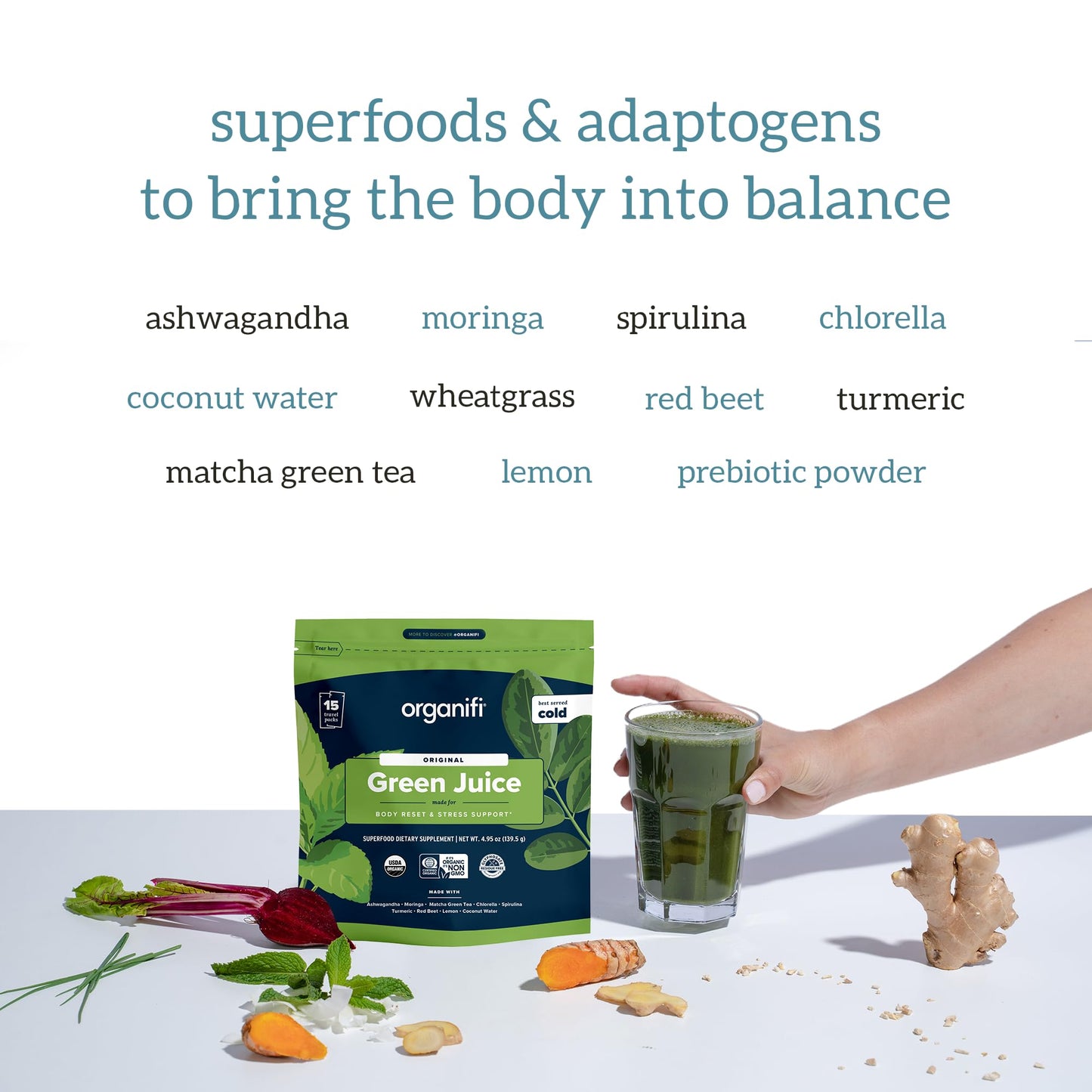 Organifi GO Packs Green Juice Organic Superfood Supplement Powder, 15 Travel Packs