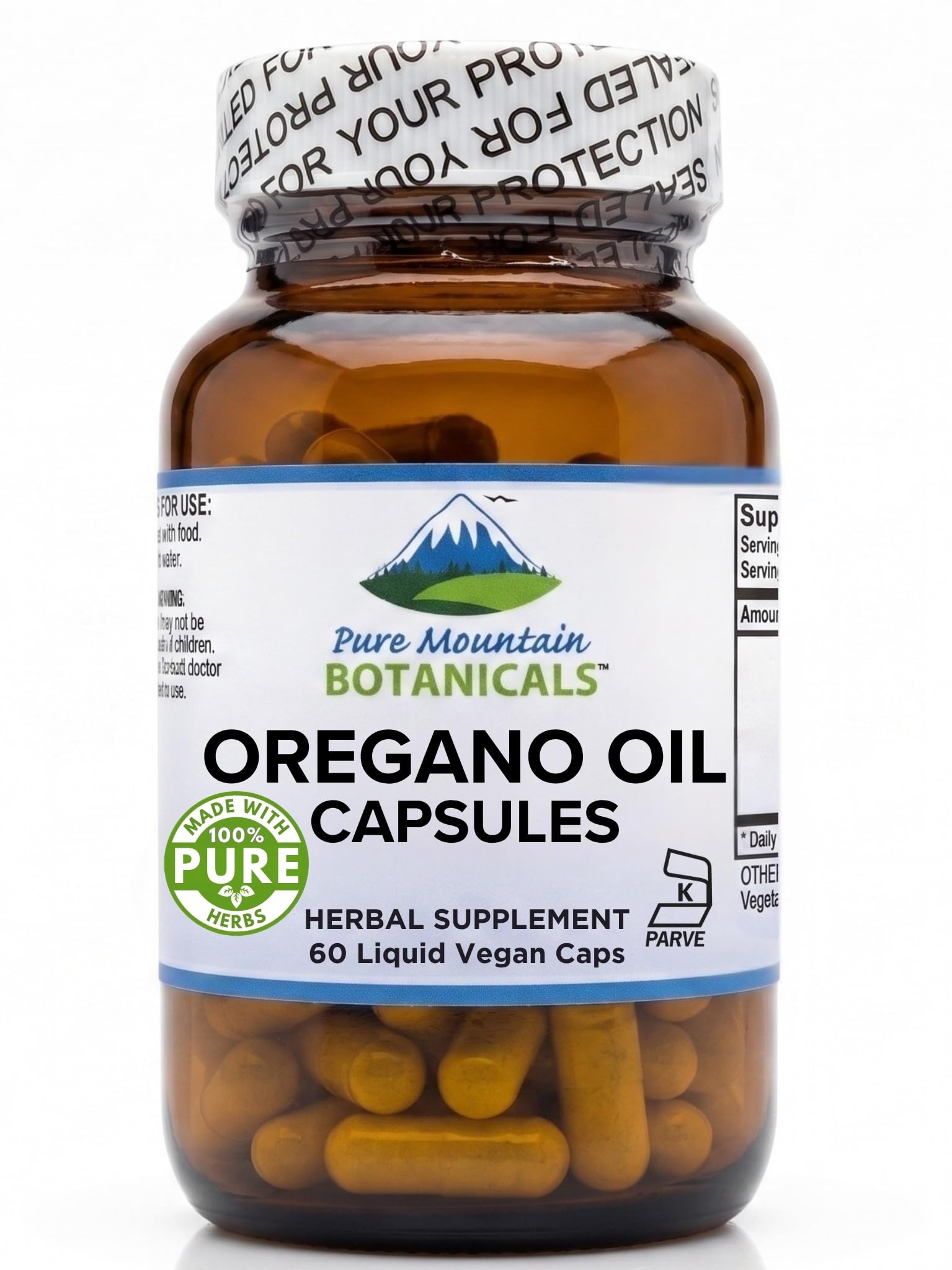 Pure Mountain Botanicals Oregano Oil Capsules, 60 Count, 510mg Oil of Oregano, Carvacrol 70%, Kosher